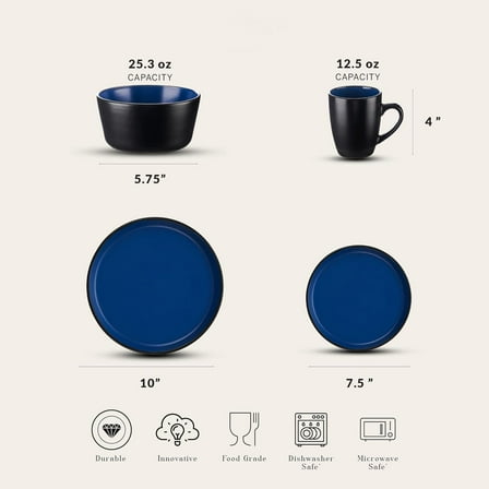Albie Stoneware 32-Piece Modern Dinnerware Set, Kitchen Plates and Bowls Sets, Dish Set for 8, Blue and Black