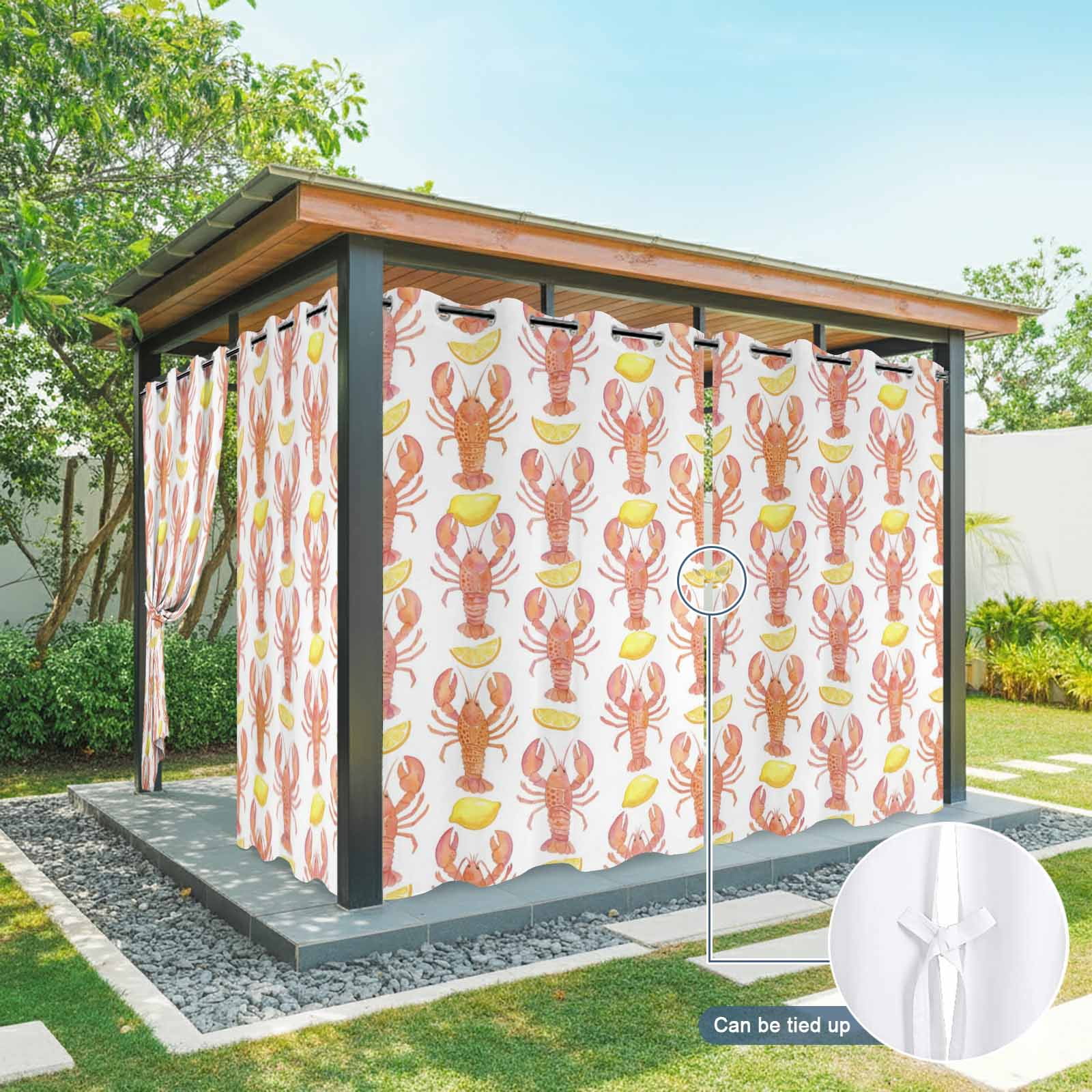 Ocean Orange Lobster Outdoor Curtains for Patio, Summer Nautical Sea Watercolor Yellow Lemon Sunshade Privacy Drapes Grommet Waterproof Outside Curtains for Porch/Cabana/Balcony 54"x 108", 1 Panel