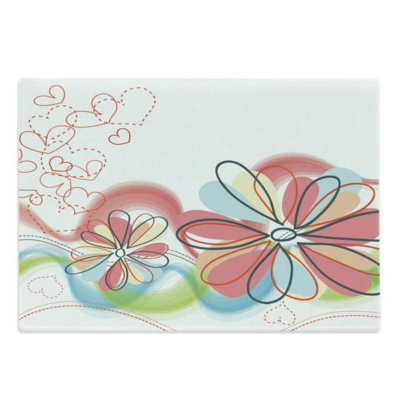 Colorful Cutting Board, Floral Haze Pattern with Heart Love Spring Influences Work of Art, Decorative Tempered Glass Cutting and Serving Board, Large Size, Multicolor, by Ambesonne