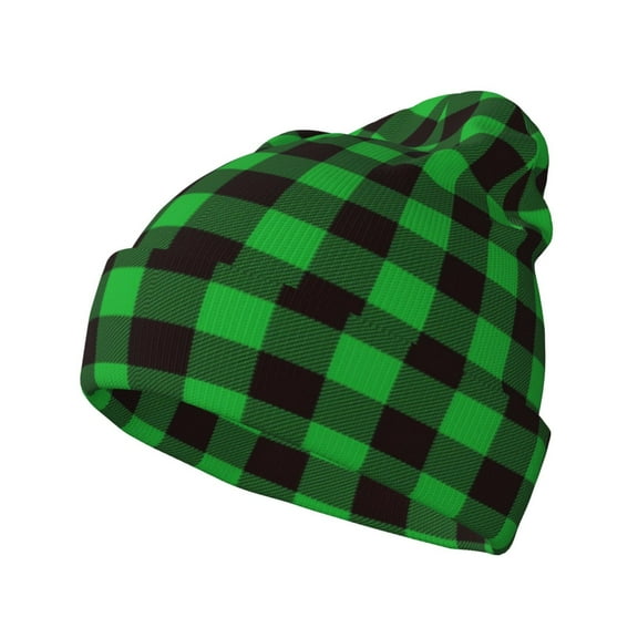 Pofeuu Buffalo Plaid Green Black Print Beanie Hat for Men Women Knit Winter Hat Warm Cuffed Skull Beanie Slouchy Soft Unisex