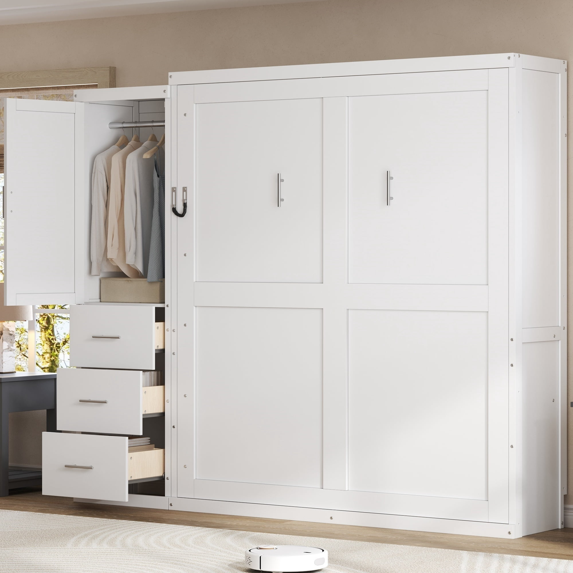 Euroco Wood Queen Size Murphy Bed with Drawer, Convertible Bed into Cabinet with USB Charging Station, White