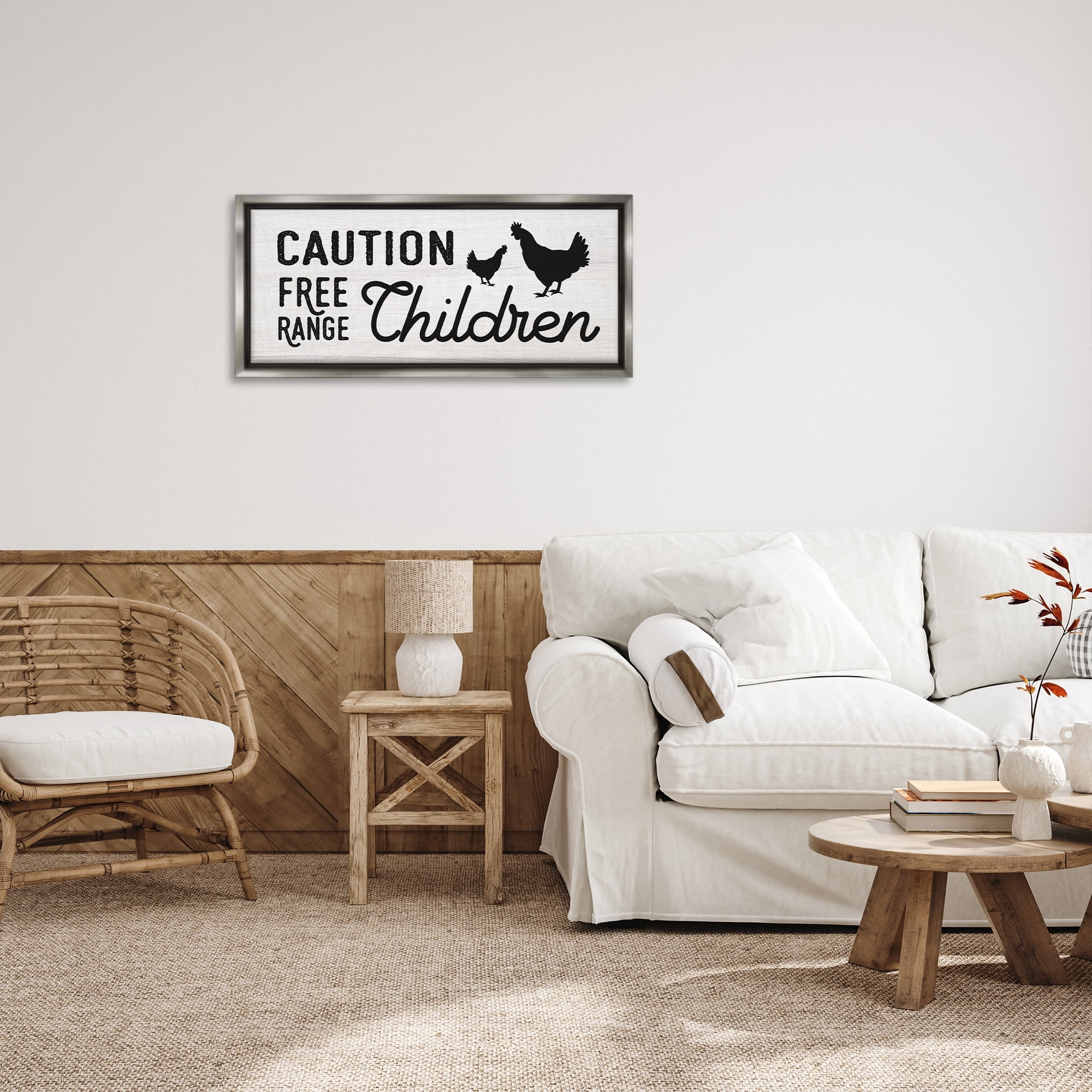 Stupell Industries Caution Free Range Children Animals & Insects Painting Gray Floater Framed Canvas Art Print Wall Art, 31 x 14