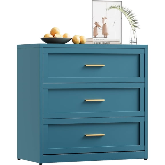 Elegant Metal 3-Drawer Dresser for Bedroom, Clothes Storaeg Chest for Closet, Farmhouse Dressers & Chests of Drawers with 3 Large Drawers,Blue
