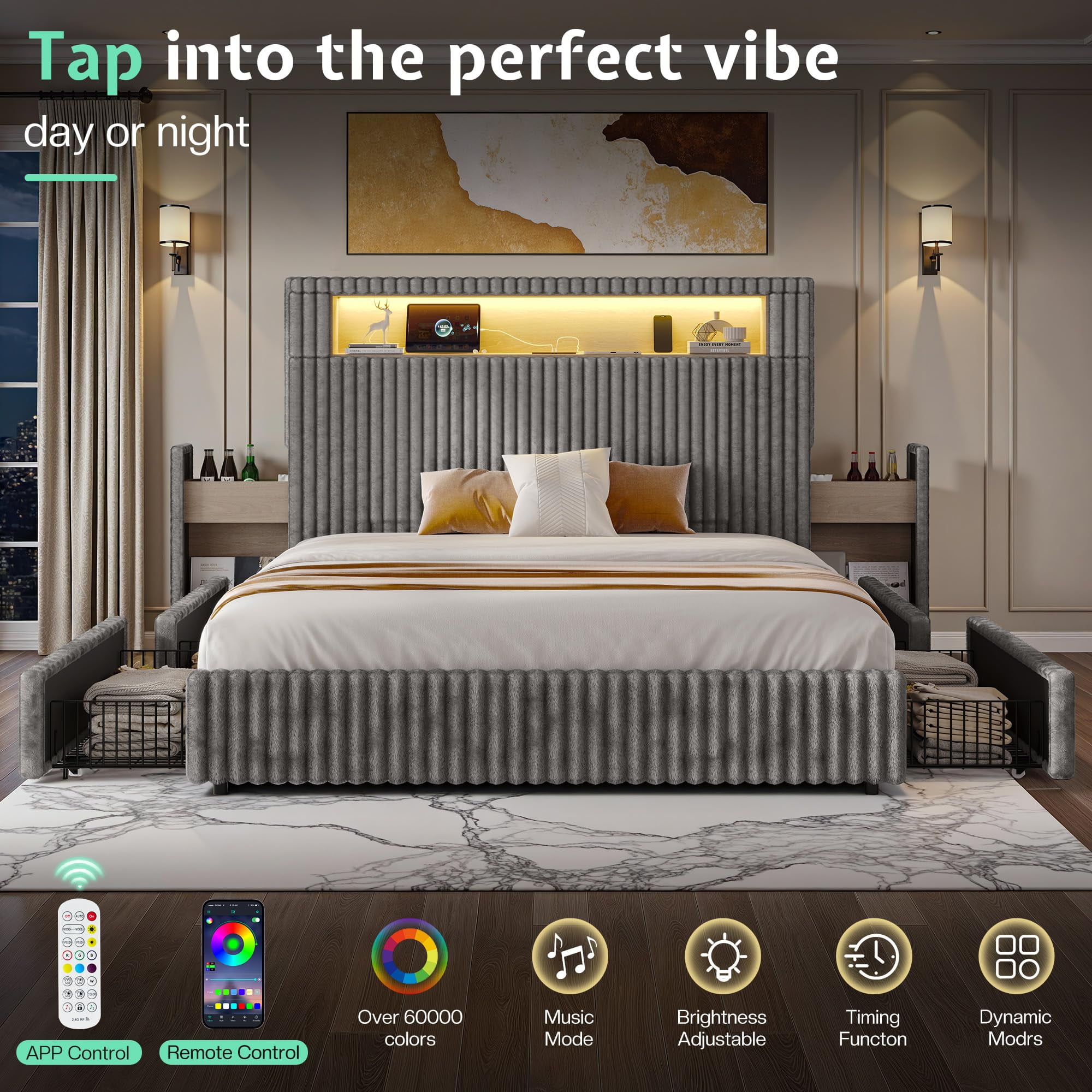 VanAcc King Size Storage Bed Frame with 51.2" Tall Upholstered Headboard, Built-in 6 Drawers & Bookcase, USB Ports & RGB LED Lights, Grey