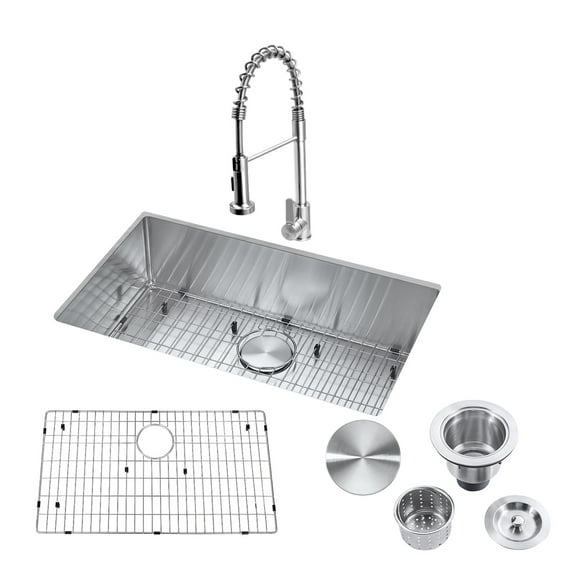30" Undermount Kitchen Sink and Pull-down Faucet Combo with Drain Strainer, Protective Bottom Grid, All in One (30" x 18" x 9")