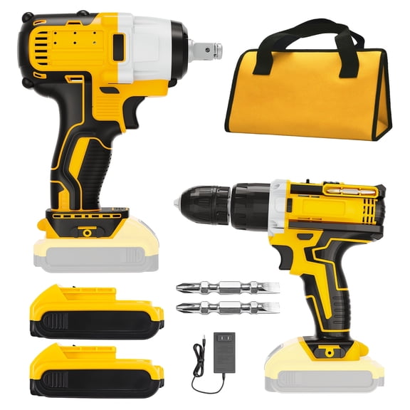 800Nm Brushless Impact Wrench & Hammer Drill Kit, Compatible with Dewalt 20V Battery, 1/2" High Torque, 3-Speed LED Light, for Auto Repair & Home Improvement