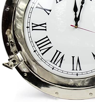 Nagina International Beautiful Nautical Aluminum Nickel Polished Premium  Large Home Decor Wall Clock Ship's Porthole Time's Clock Metal Craft  Gift (20 Inches)