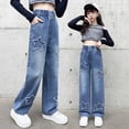 thumbnail image 2 of TOWED22 Toddler Little Girls Embroidery Barrel Jeans Kids Casual Denim Joggers Soft Relax Fit Ankle Length Trousers Blue,8-9 Y, 2 of 8