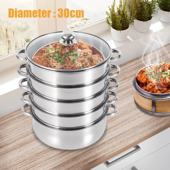 30cm 5-Tier Stainless Steel Steamer, Kitchen Steam Pot with Glass Lid for Steaming and Cooking Fish, Shrimp, Crab, Rice, Vegetables, Steamed Buns, Soup, Etc.
