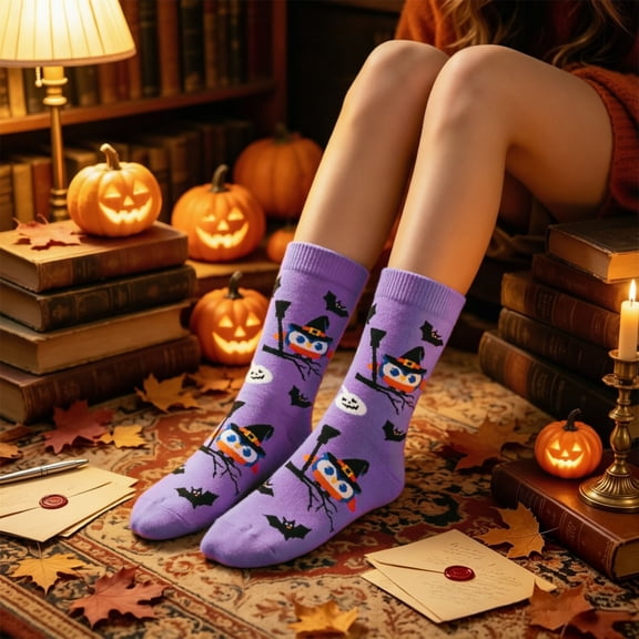 Huowey Halloween Socks For Men Women Crew Socks Cotton Cat Ghost Pattern Halloween Gift Fall Winter Cozy Festival Party Socks,Purple