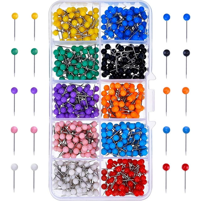 SURJDE 500 Pieces Multi-Color Push Pins Map Pins Tacks Plastic Round Head with Steel Point for Bulletin Board Fabric Marking,10 Assorted Colors (1/5 Inch)