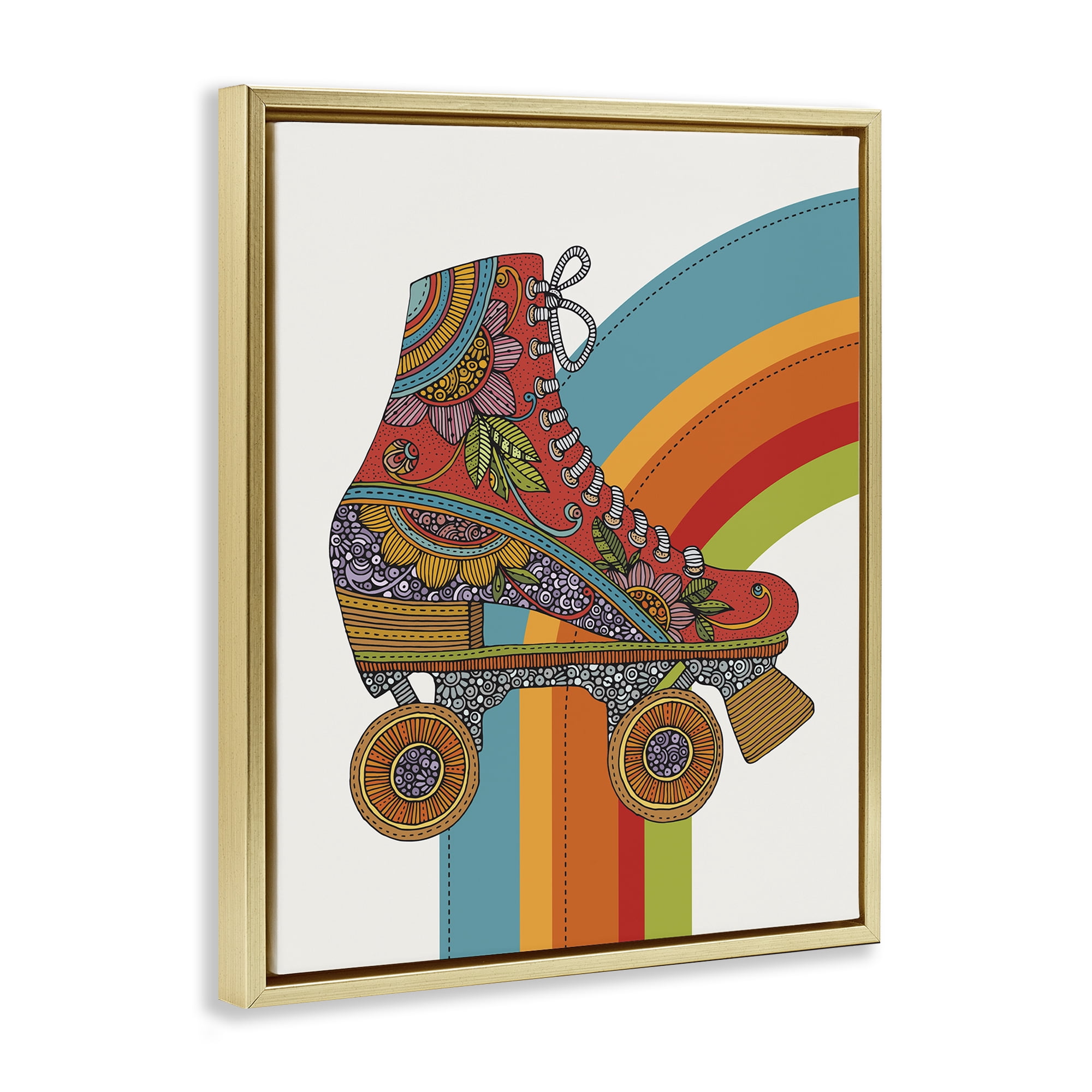 Stupell Industries Vintage Boho Roller Skate Entertainment Painting Gold Floater Framed Canvas Art Print Wall Art, 25 x 31