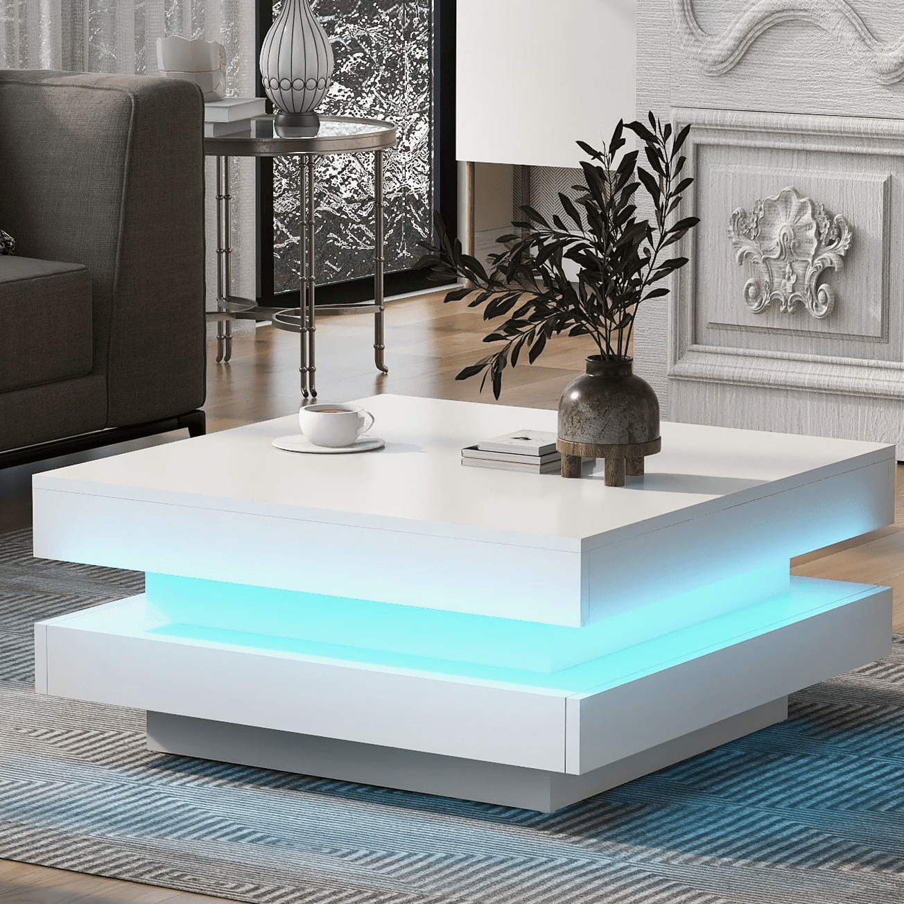 Aukfa Coffee Table with Plug-in 16-Color LED Lights for Living Room - White