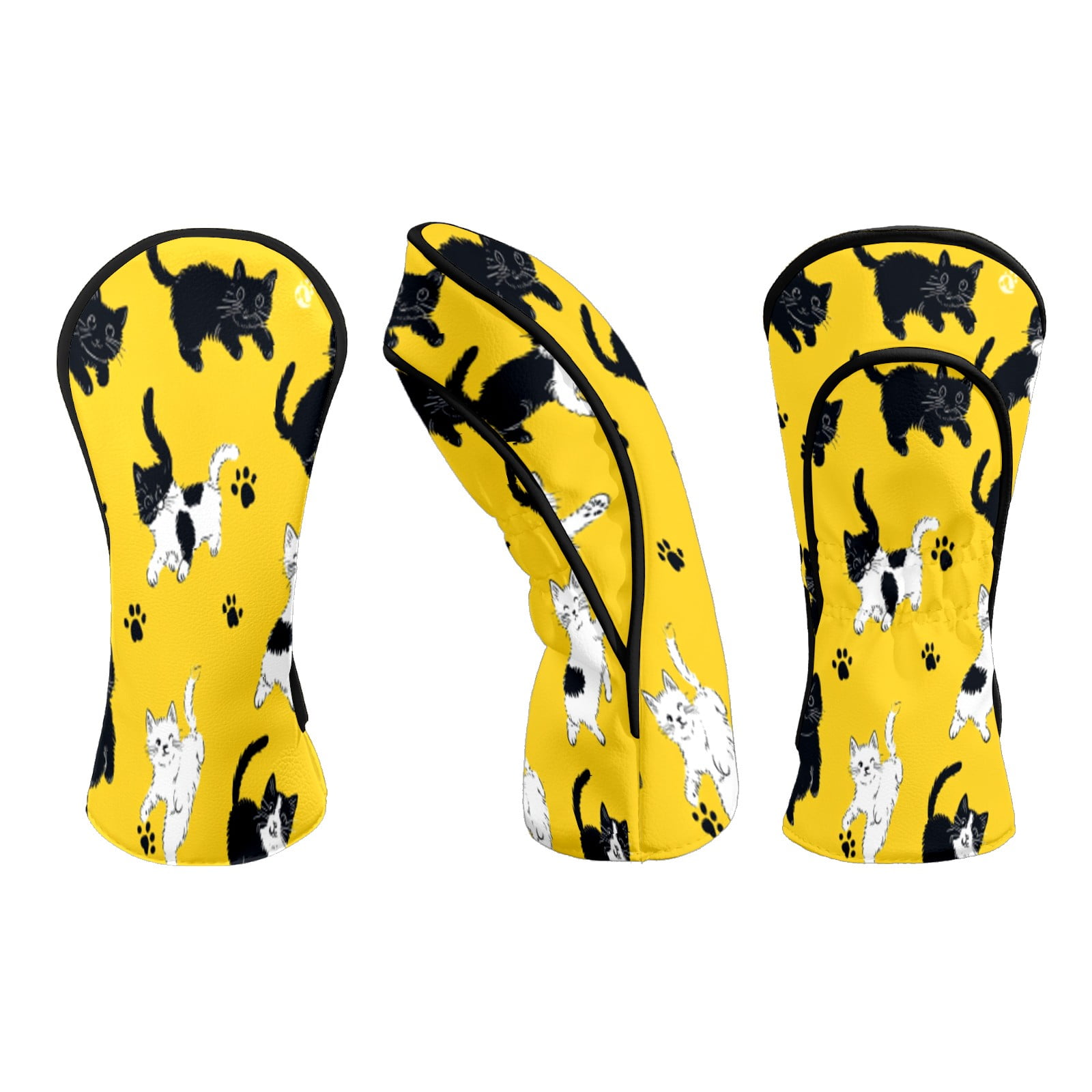 Golf Head Covers for Woods and Driver Waterproof Leather Golf Club Head Covers for Women Men Golf Driver Fairway Wood Headcover Black-White Cat & Paw Pattern