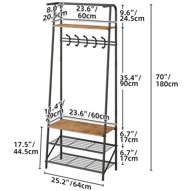 Yartaka 70 H Entryway Coat Rack with Shoe Storage Bench Metal Hall Tree  with 2 Shoe Shelves & 5 Movable Hooks Rustic Brown