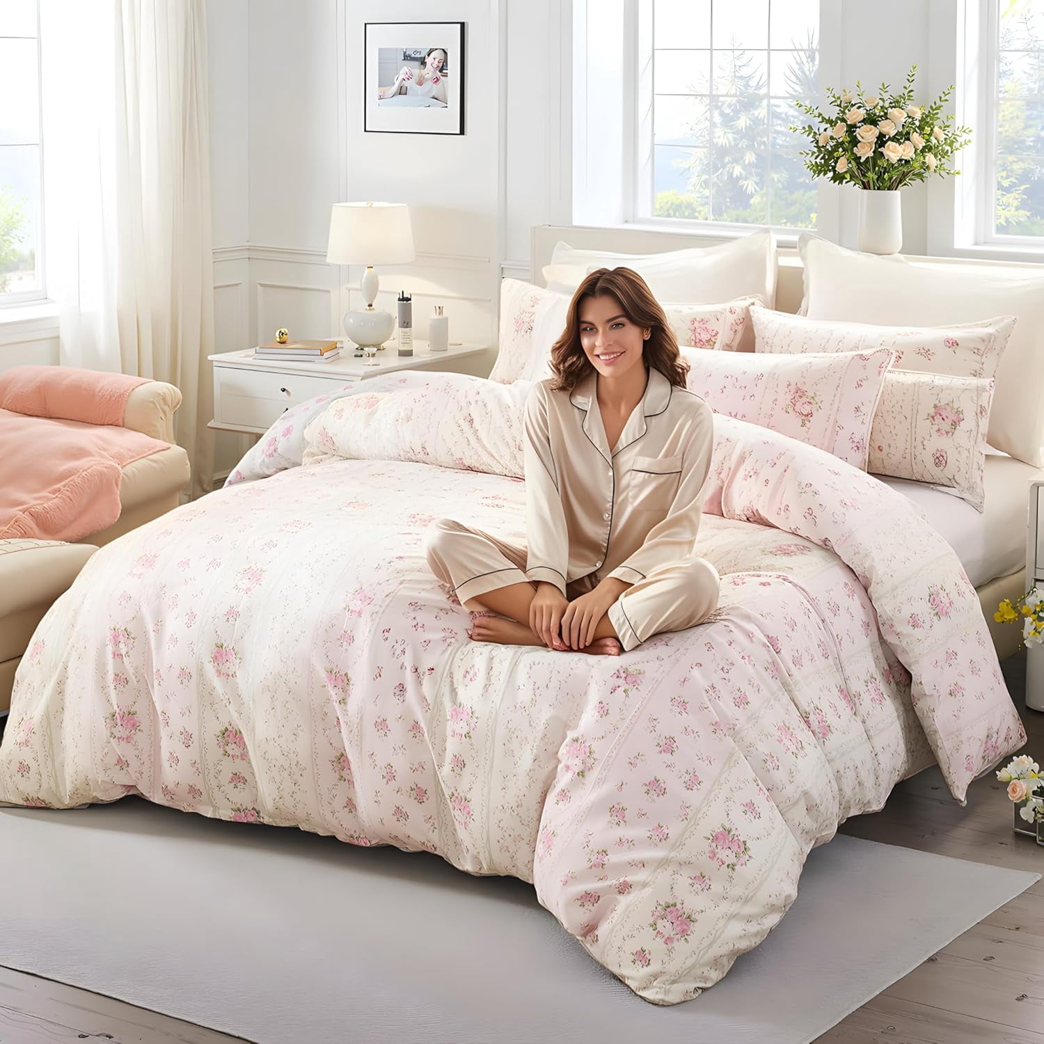 Duvet Cover - 100% Cotton Reversible Floral Duvet Cover Set with Zipper Closure, 3 Pieces Soft & Breathable Pink Aesthetic Bedding Set