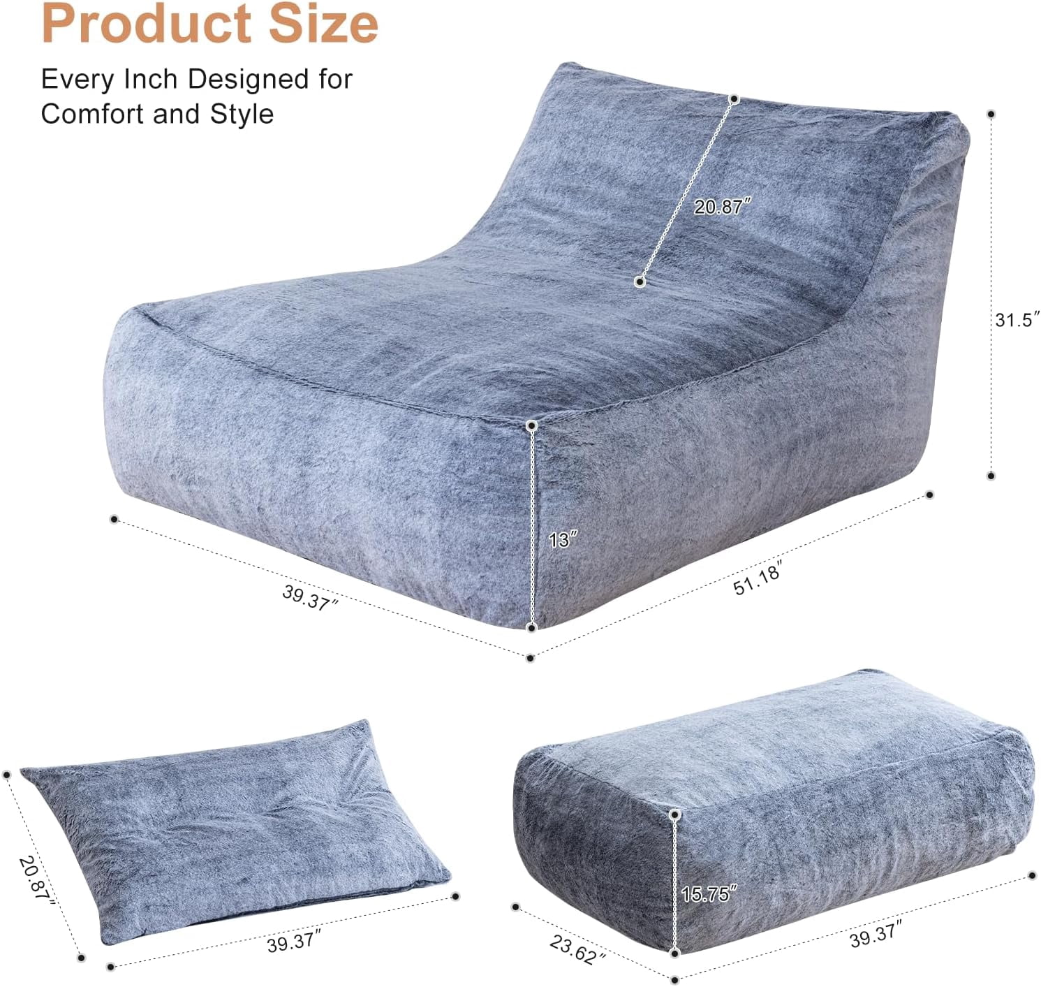 Alvantor Convertible Plush Sofa Bed with Ottoman and Pillow, Oversized Shaggy Faux Fur Floor Sofa, Foam Filled Armless Sleeper for Living Room, Bedroom, Dorm