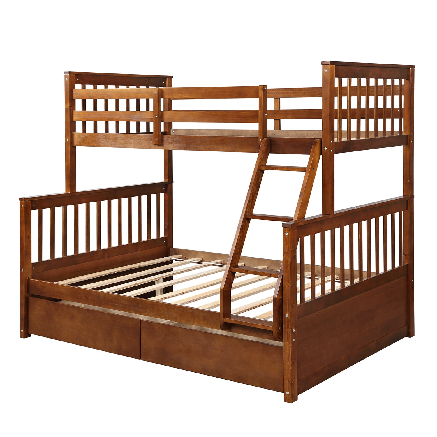 Kepooman Twin-Over-Full Modern Wooden Bunk Bed with Ladder & Two Drawers for Bedroom, 80”L X 57”W X 70.4”H, Walnut Kepooman Twin-Over-Full Modern Wooden Bunk Bed with Ladder & Two Drawers for Bedroom, 80”L X 57”W X 70.4”H, Walnut
