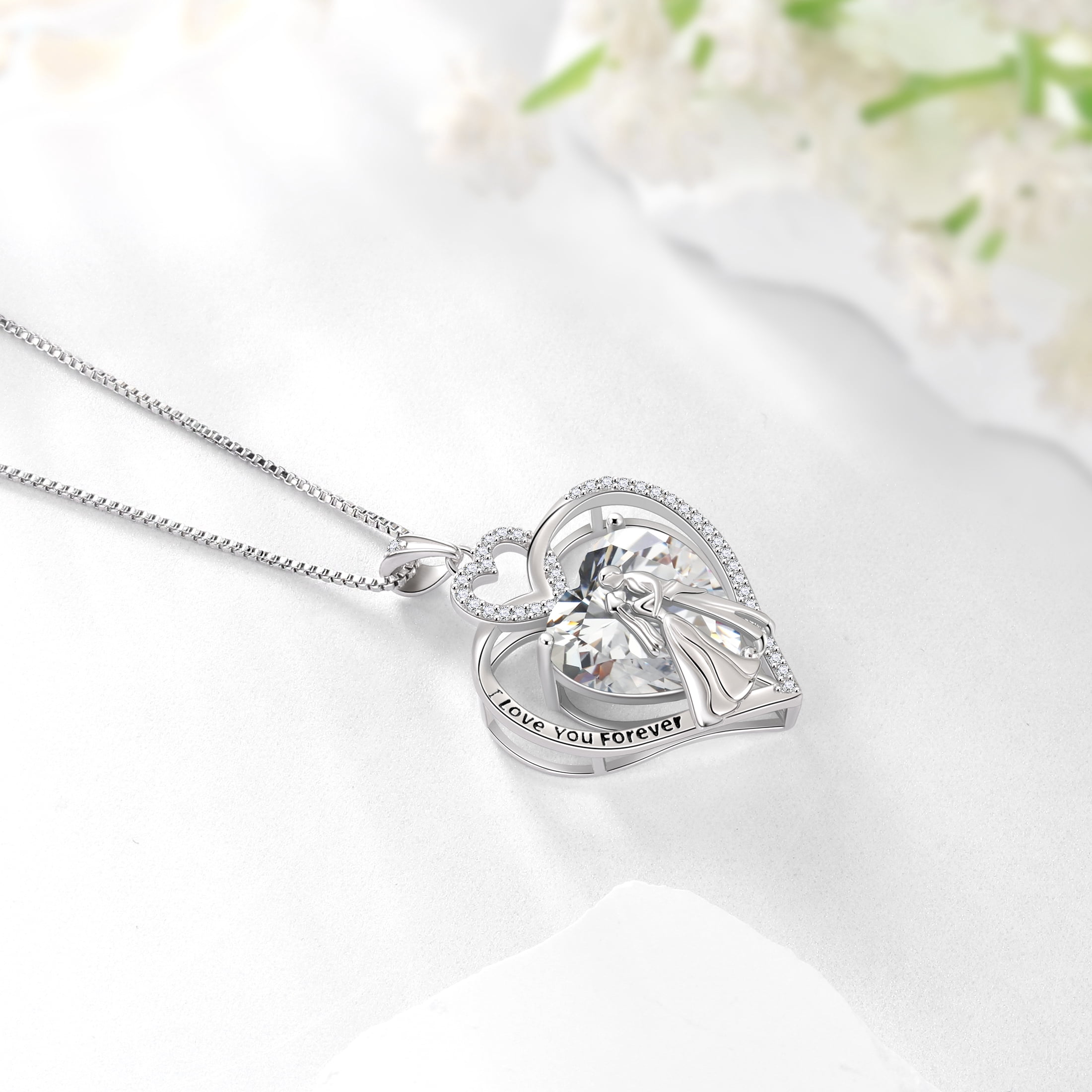 Juwaliy Couple Necklace for Women 925 Sterling Silver Heart April Birthstone Pendant Engraved Wedding Engagement Jewelry Valentines Day Gift for Her Wife Bride Girlfriend