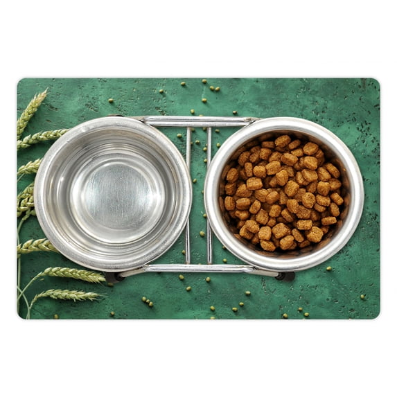 Natural Color Pet Mat for Food and Water, Agriculture Themed Photo with Wheat on Grunge Backdrop, Non-Slip Rubber Mat for Dogs and Cats, 18" X 12", by Ambesonne