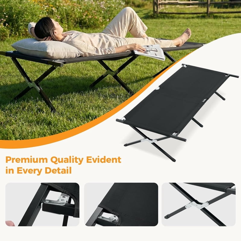 Simenmax Heavy Duty Folding Camping Cot – 300LBS Capacity Sleeping Bed, Portable Army Cot with Carry Bag for Outdoor Travel, RV, or Home Guest Use，Black