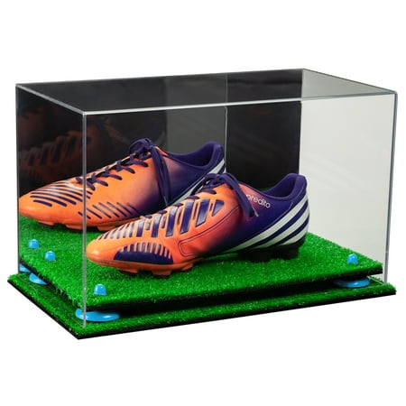 Deluxe Acrylic Large Shoe Display Case for Basketball Shoes Soccer Cleats Football Cleats with Mirror, Blue Risers and Turf Base