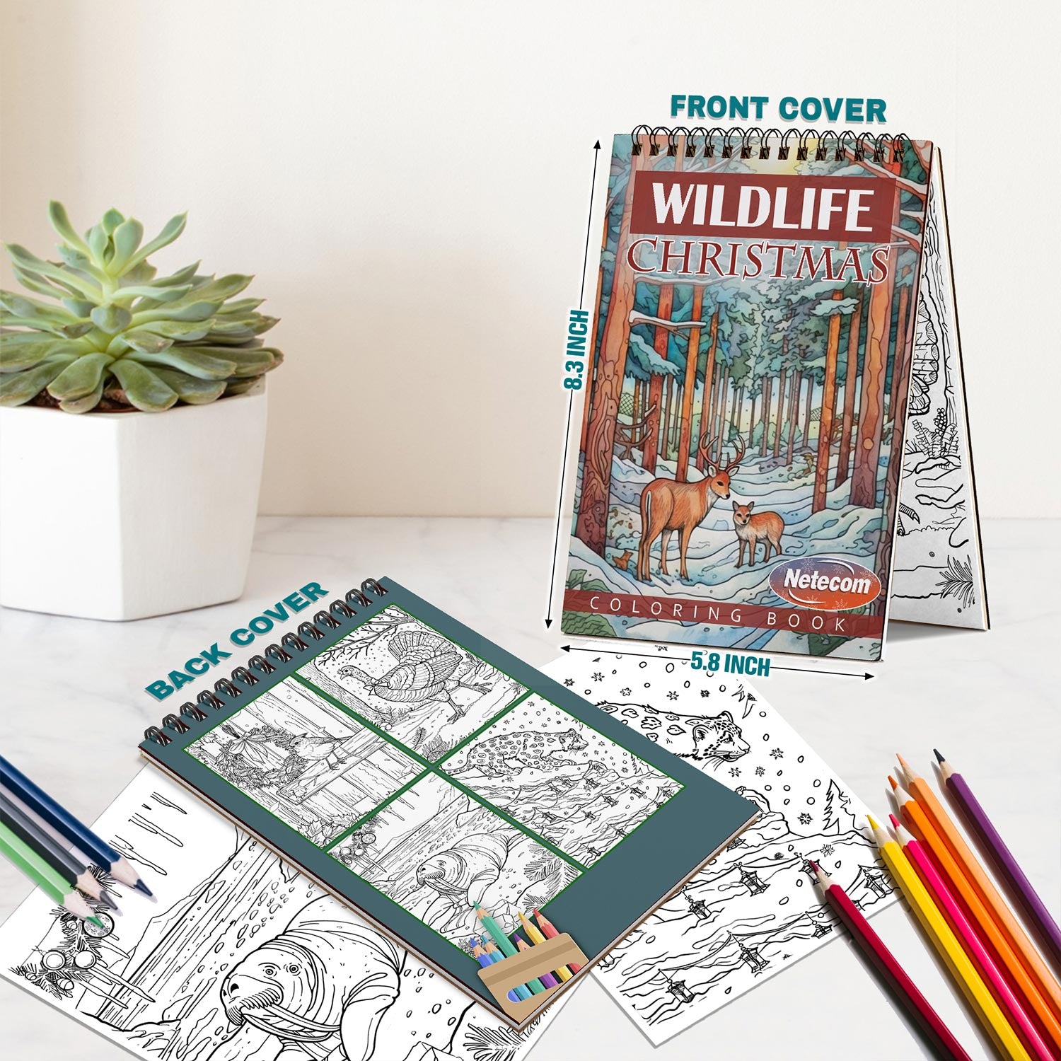 Netecom Christmas Wild Life Coloring Book Spiral Bound for Adults, A5 Wooden Cover, 30 Illustrations Coloring Pages of Wildlife in Winter Scenes for Stress Relief and Relaxation
