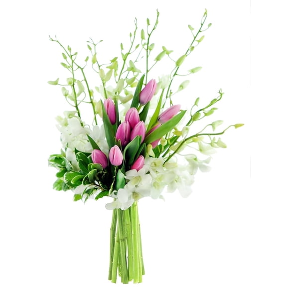 KaBloom : 10 Pink Tulips, 10 White Orchids, 3 Pitt greens, Next-Day Delivery, Gift for Every Occasion.