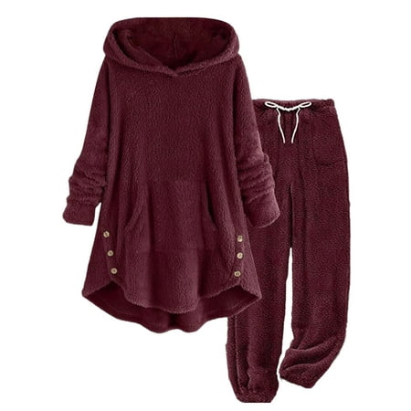 sususu Women S Clothing Fall Outfits Women s Winter Hooded Tracksuit Set Cozy Long Sleeve Pants Outfit Casual Loungewear Two Piece Comfort Suit - Wine