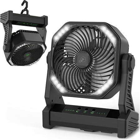 

Camping fan with LED lantern 20000Mah rechargeable outdoor tent fan with light and hook 270° swivel 4 speeds personal Usb desk fan for camping power outages hurricanes and construction sites.