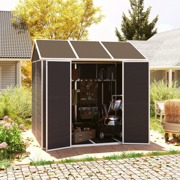 8x7ft Outdoor Storage Shed with Lockable Doors - Heavy-Duty Resin Garden Shed with 2 Windows & Floor, Waterproof UV-Resistant for Patio/Backyard, Dark Gray (Fits Lawn Mowers & Tools)