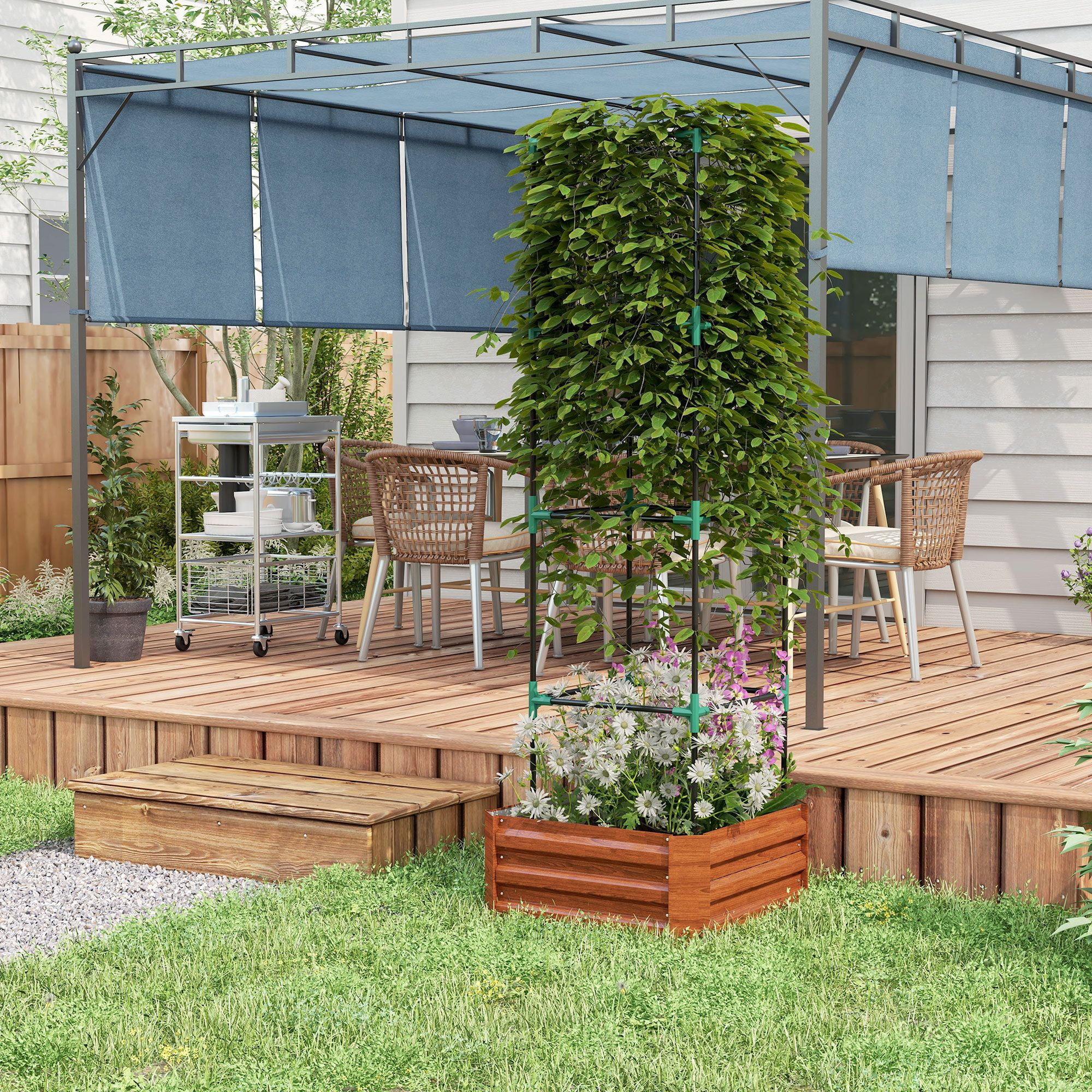 Outsunny Galvanized Steel Raised Garden Bed with Adjustable Tomato Trellis Cage, 24" x 24" x 73.5" Brown Metal Planter for Vegetables and Climbing Vines in Backyard or Patio