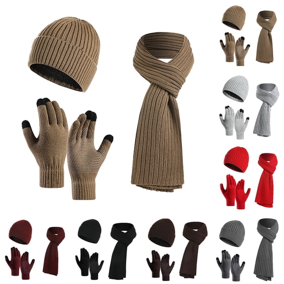 Lispipm Winter Hat Scarf Gloves Set for Women Thick Knit Beenie and Long Scarf Warm Touchscreen Gloves for Outdoor Sport Brown