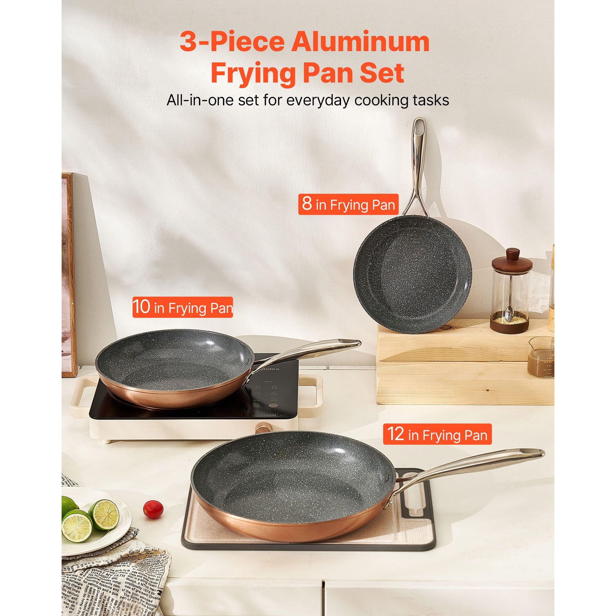 3-Piece Aluminum Skillet Set with Ceramic Nonstick Coating, 8/10/12 Inch Frying Pans, Cast Steel Handle, Oven Safe, Induction Compatible