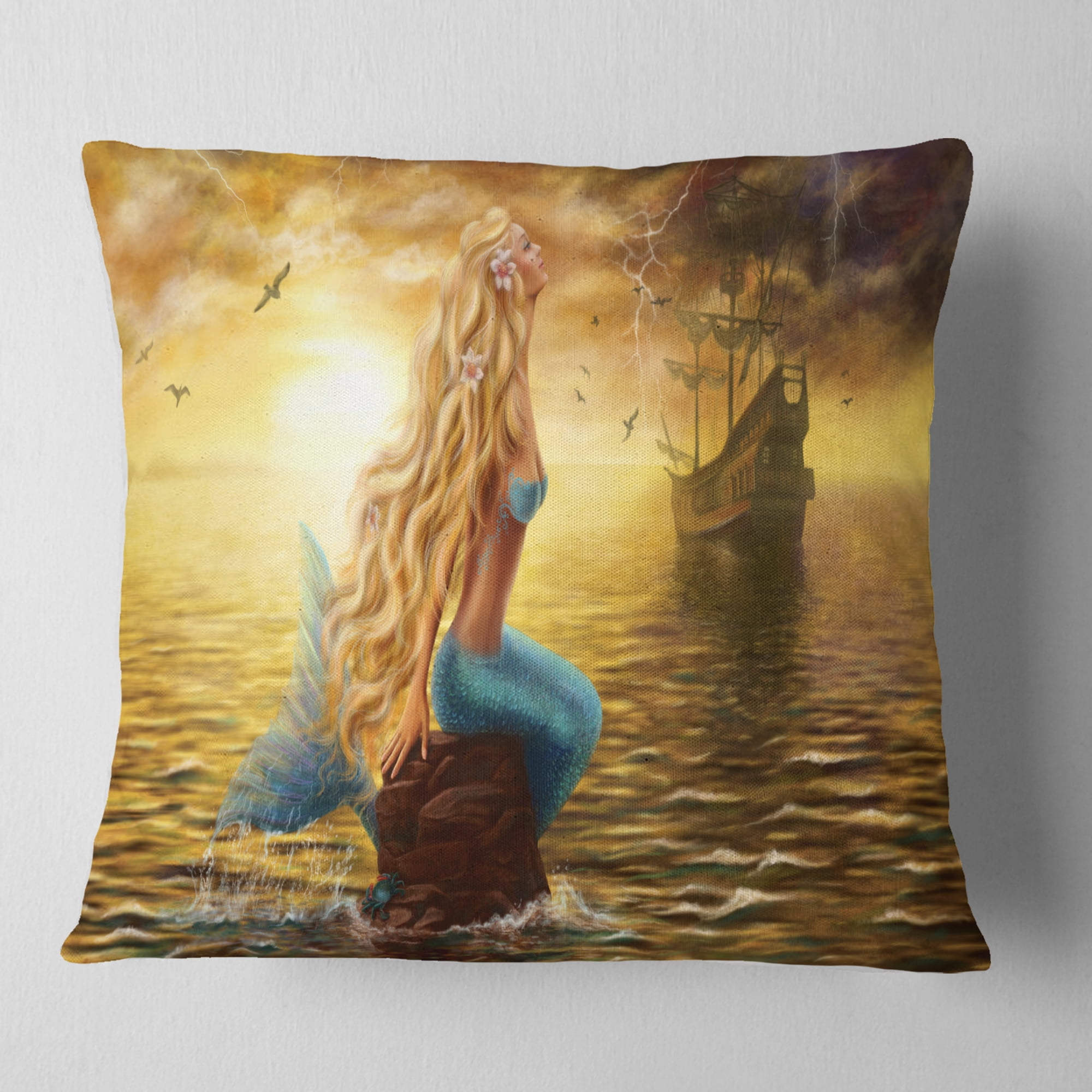 Designart Sea Mermaid with Ghost Ship - Seascape Throw Pillow - 18x18
