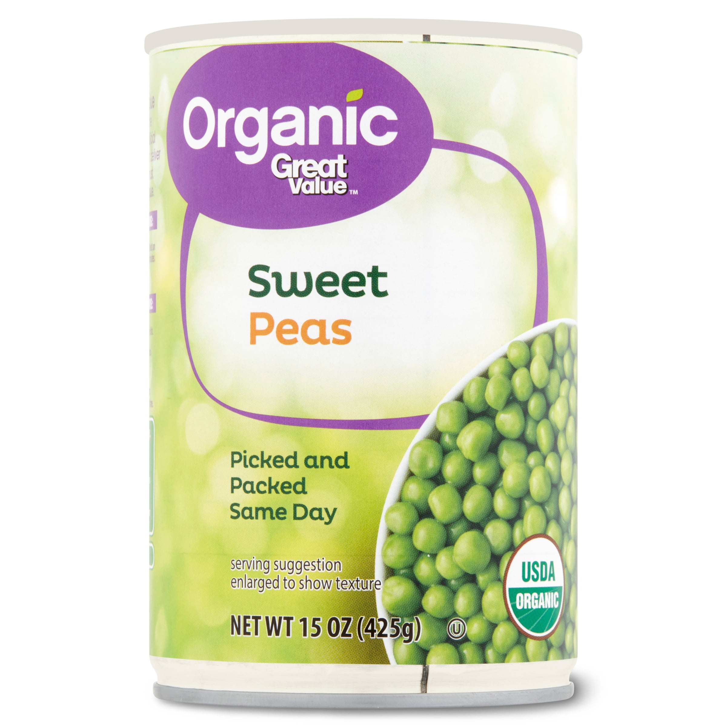 Great Value Organic Sweet Peas, 15 oz Can
