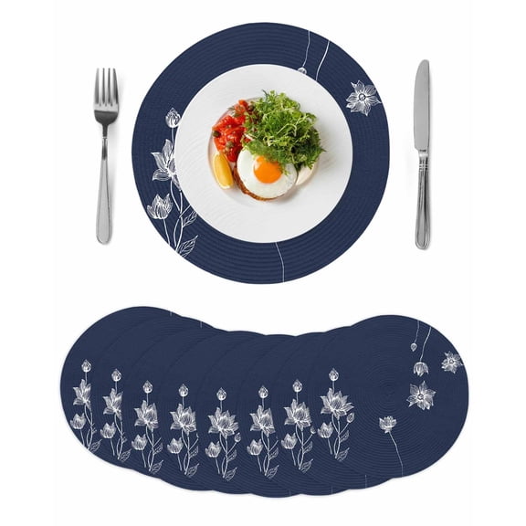 Navy Blue White Floral Round 13 Inch Placemats Set of 8, Abstract Art Summer Botanical HeatResistant Non Slip Place Mats for Dining Table, Wipeable Braided Kitchen Table Mats for Housewarming