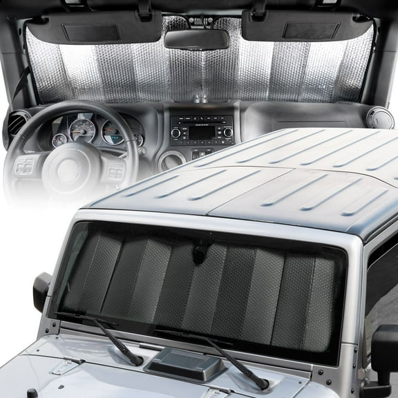 Perfect Custom Fit Windshield Sun Shade for Jeep Wrangler - Exact Fit Fordable Accordion UV Protection Fits 1987-2019 JK, JL, CJ, YJ,& TJ 53" x 16.5"