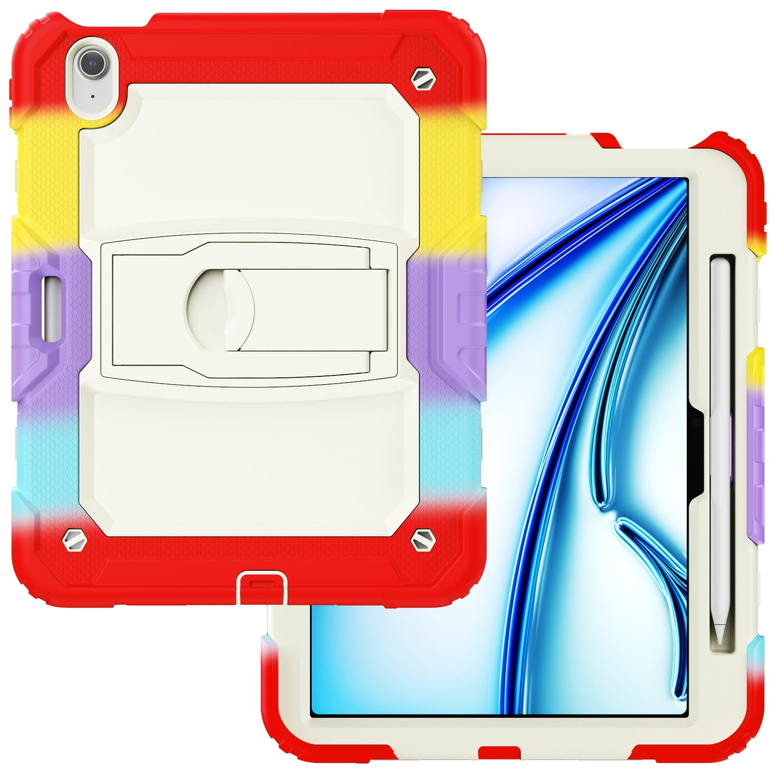 Rugged Case For Apple iPad Air 11 (2024) – 3-Layer Protection Shockproof Stand Cover with Screen Protector, Adjustable Stand, Shoulder Strap, & Pencil Holder -- Colorful Red