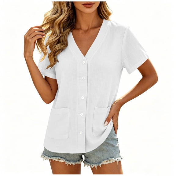 hotojiny Button down Shirts for Women Short Sleeve V Neck Summer Tops Dressy Casual Blouses Loose Fit Beach Clothes with Pockets