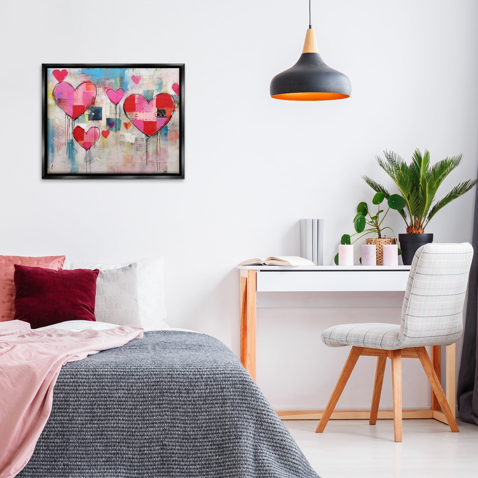 Stupell Industries Urban Hearts Painting Collage Abstract Painting Black Floater Framed Canvas Art Print Wall Art, 31 x 25