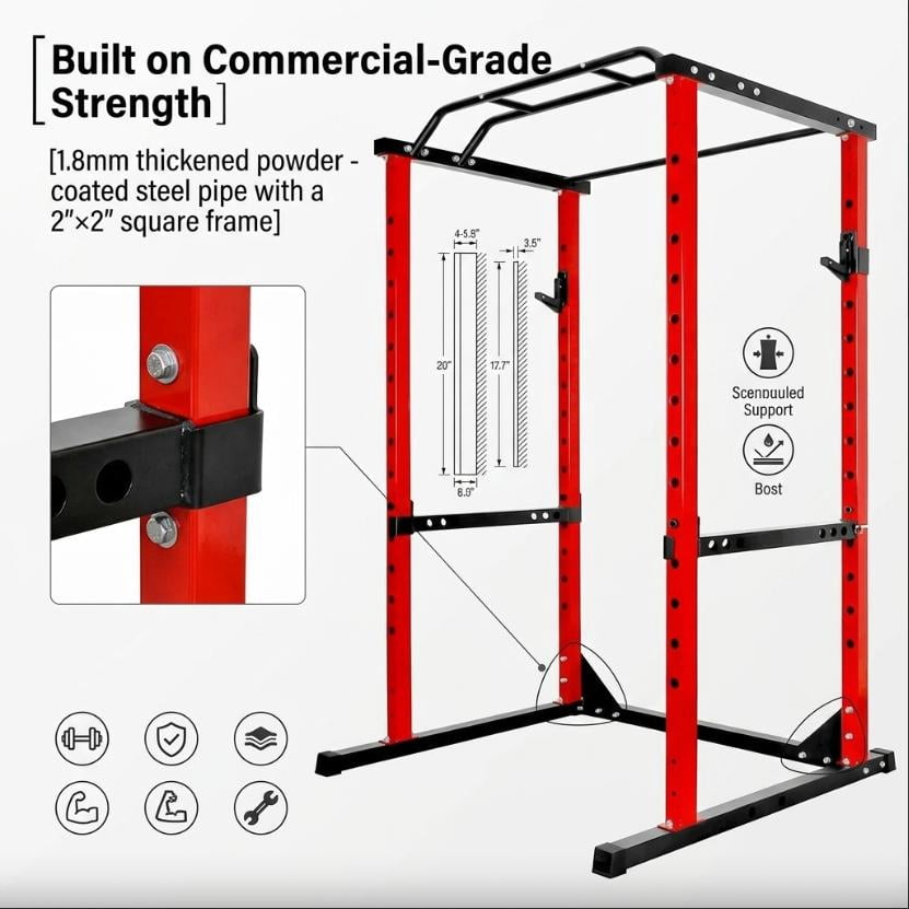 Red Heavy-Duty Steel Squat Rack Adjustable Multifunctional Power Cage for Home Garage Gym Fitness Training