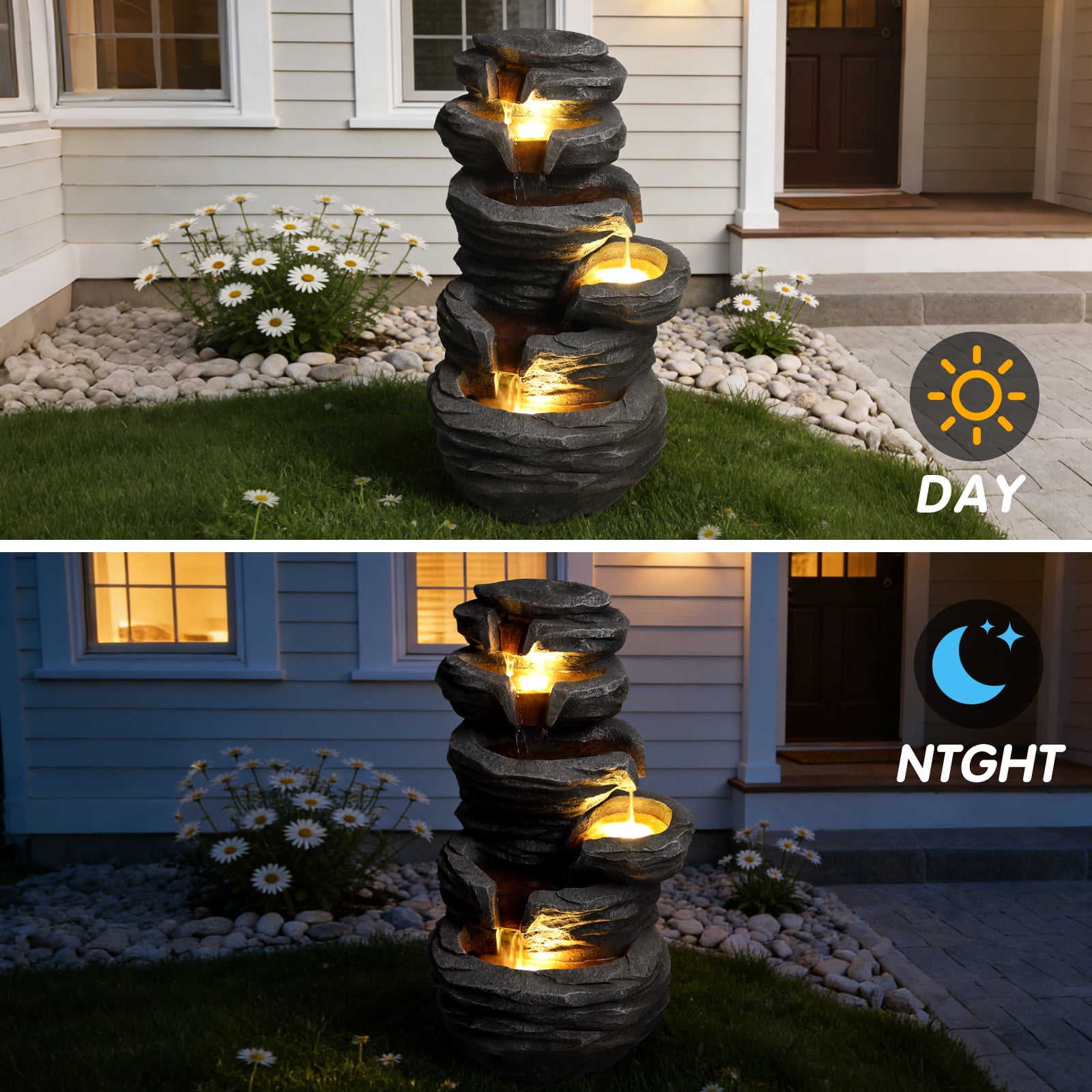 Resin Stone Look Outdoor Fountain, Multi-Level Cascading Waterfall with Warm LED Lights, Easy to Assemble Patio Yard Water Feature with 4.6 Ft Cord