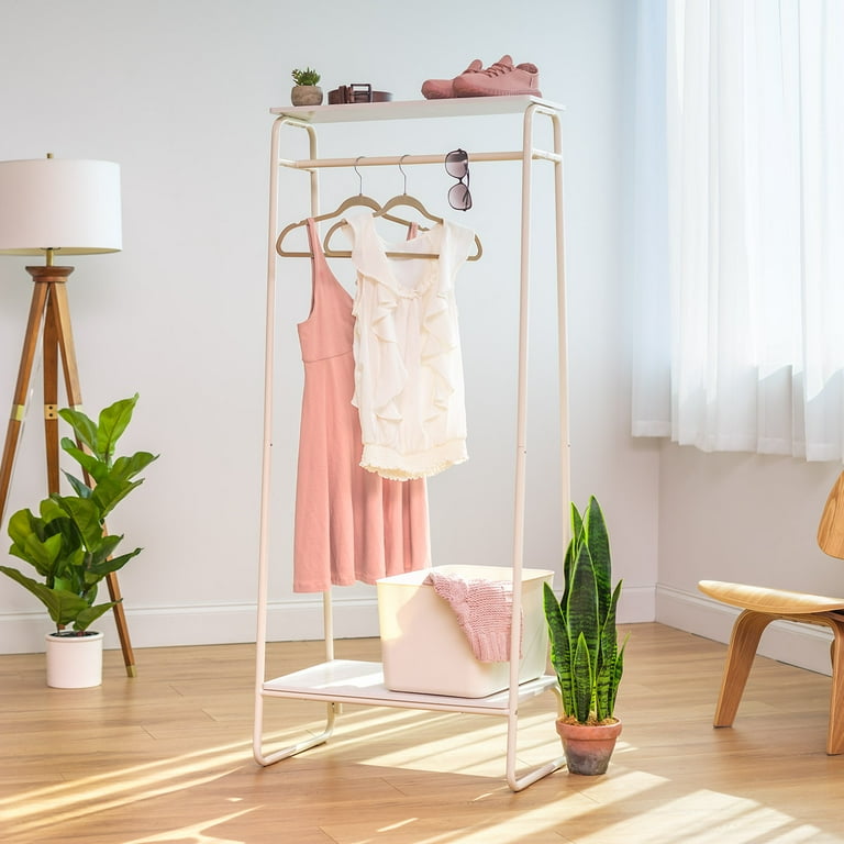 IRIS USA Metal Clothing Rack with Wood Shelf White Marble