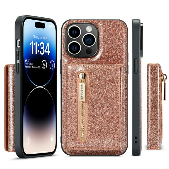 Decase Wallet Case For iPhone 14 Pro Max 6.7 inch, Glitter Bling Zipper Purse PU Leather RFID Cards Holder Slots Back Magnetic Shocklproof Protective Cover for iPhone 14 Pro Max, Rosegold