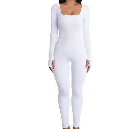 

Calsunbaby Women Jumpsuits Bodycon Ribbed Knit Long SleeveOne Piece Romper Jumpsuit Yoga Workout Unitard Playsuit White XL