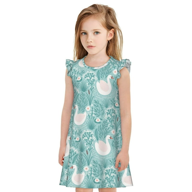 Fotbe Swan And Flowers4 Vestido de Dormir para Niñas de 3 a 10 Años, Mangas Cortas, Estilo Princesa, Pijama Camisón con Mangas Voladas-X-Large