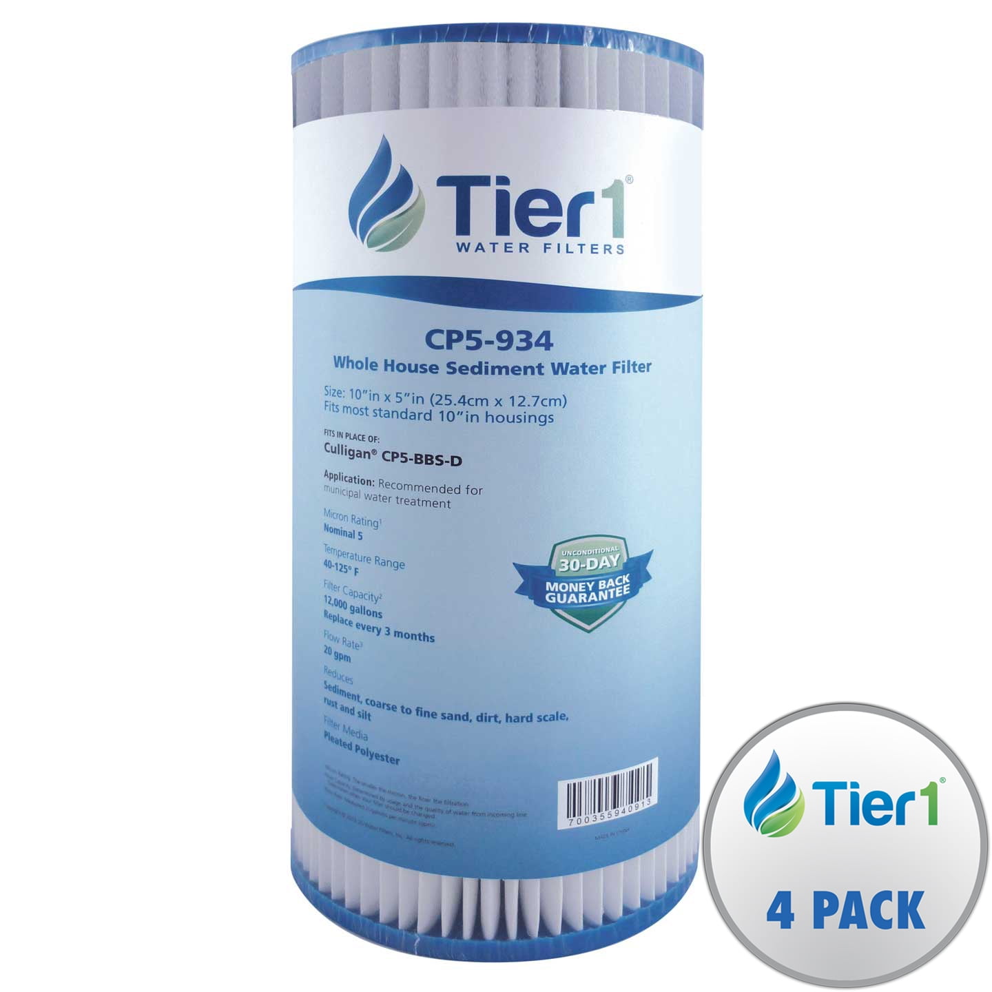 Tier1 5 Micron 10 Inch x 4.5 Inch | 4-Pack Pleated Polyester Whole House Sediment Water Filter Replacement Cartridge | Compatible with Culligan CP5-BBS-D, Pentek CP5-BB, W5CPHD, Home Water Filter