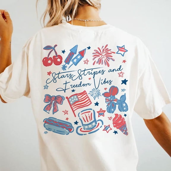 Stars Stripes and Freedom Vibes Shirt, Girly Coquette USA Tee, Cute Patriotic Doodle T-Shirt, 4th of July America Top, Red White Blue Tee