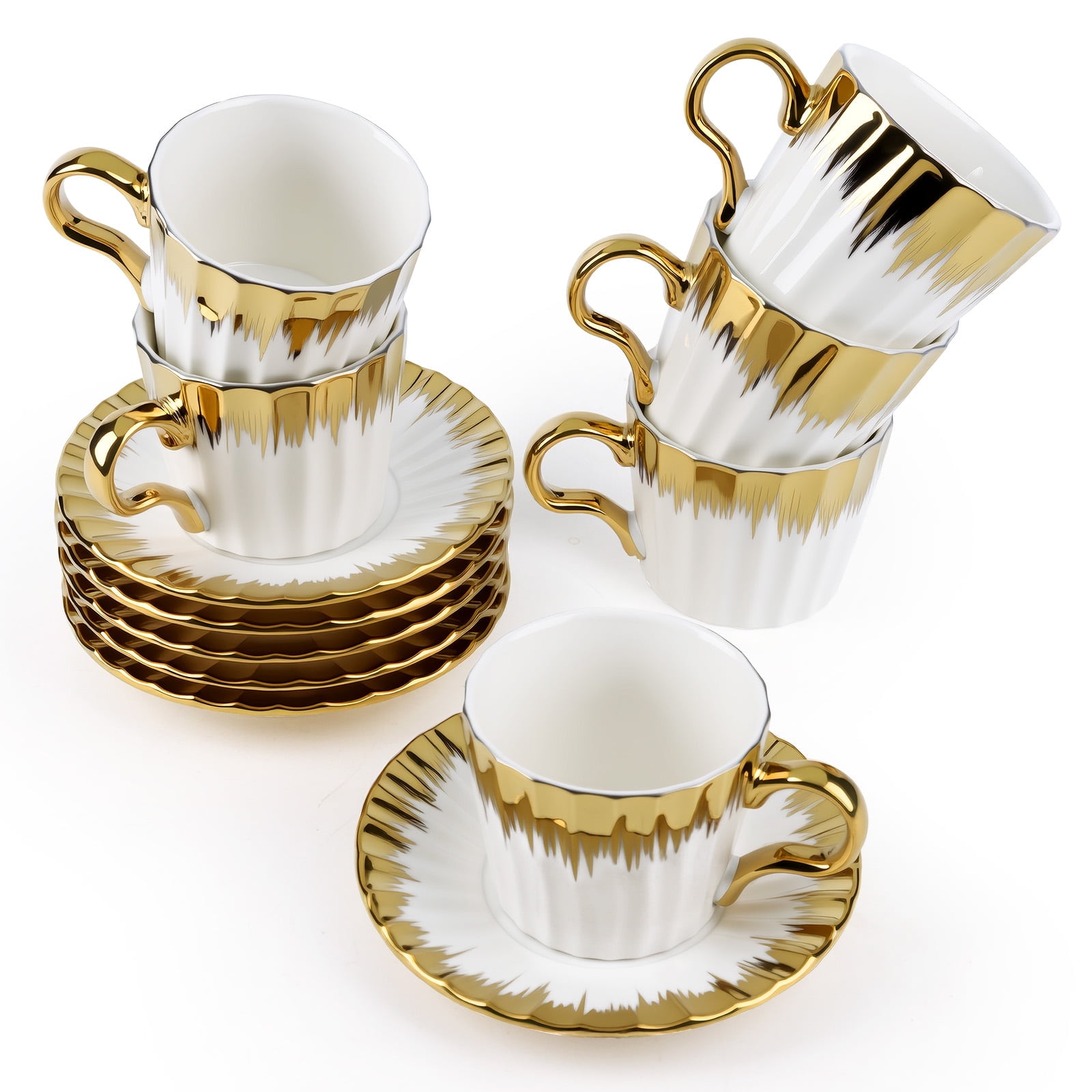 3.2oz Ceramic British Coffee Cup Set of 6, Italian Turkish Cappuccino Cups Porcelain Espresso Cups and Saucers with Gold Trim for Double Espresso Cappuccino Latte Mocha Tea